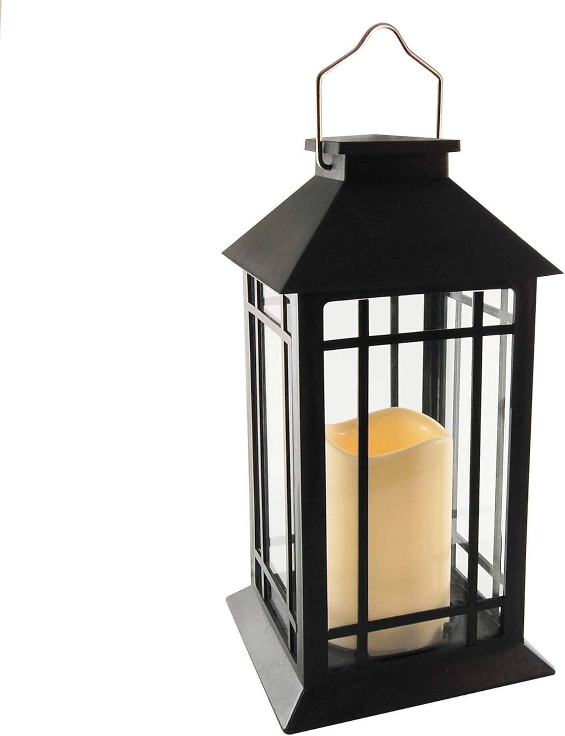 Black Solar Powered Hanging LED Lantern with Flickering Candle