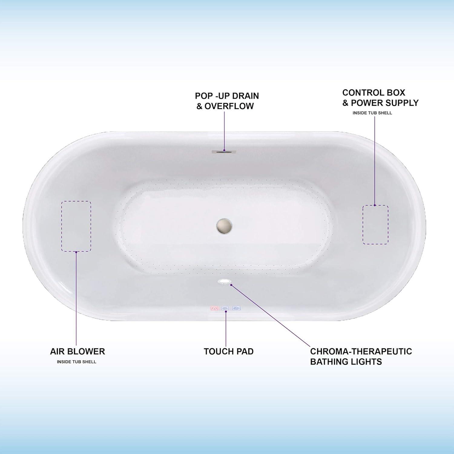 59'' White Acrylic Freestanding Soaking Bathtub with Brushed Nickel Overflow