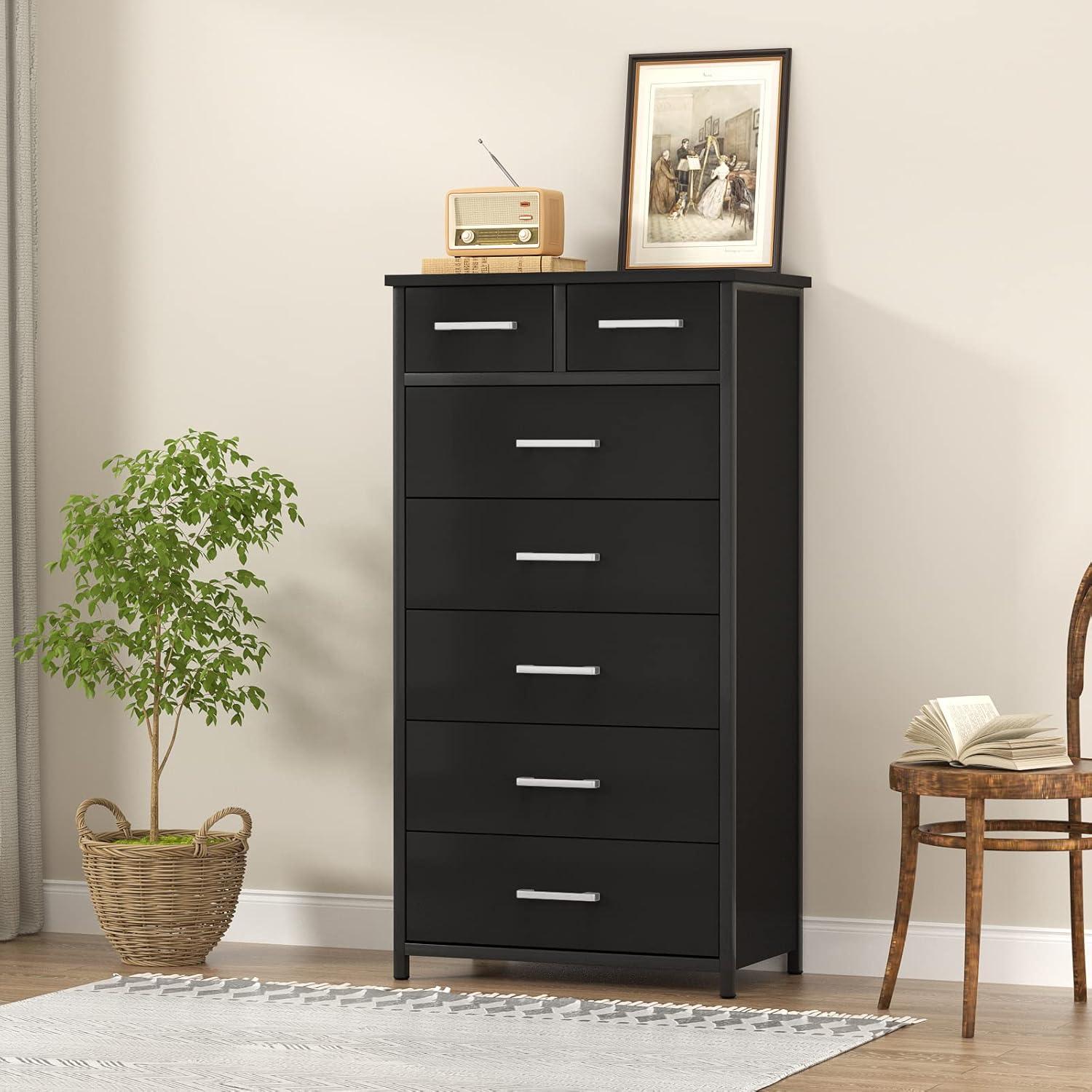 IKENO 7 Drawer Dresser, Industrial Wood Storage Dressers & Chests of Drawers with Sturdy Steel Frame, Storage Dresser for Bedroom Wood