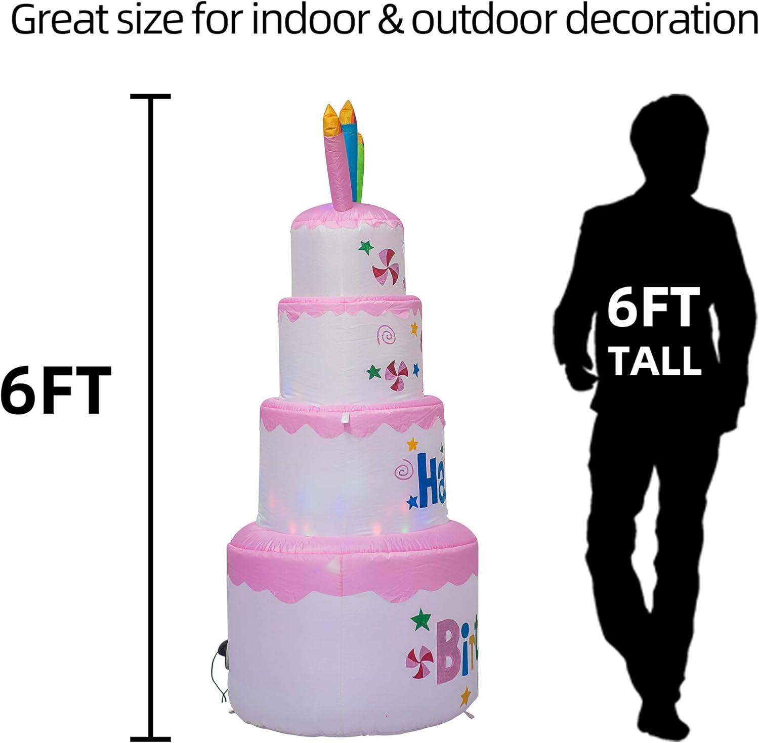 AJY 6 Feet Birthday Inflatable Happy Birthday Inflatable Cake with Candle Blow Up Inflatable Indoor Outdoor Yard Lawn Decoration Clearance