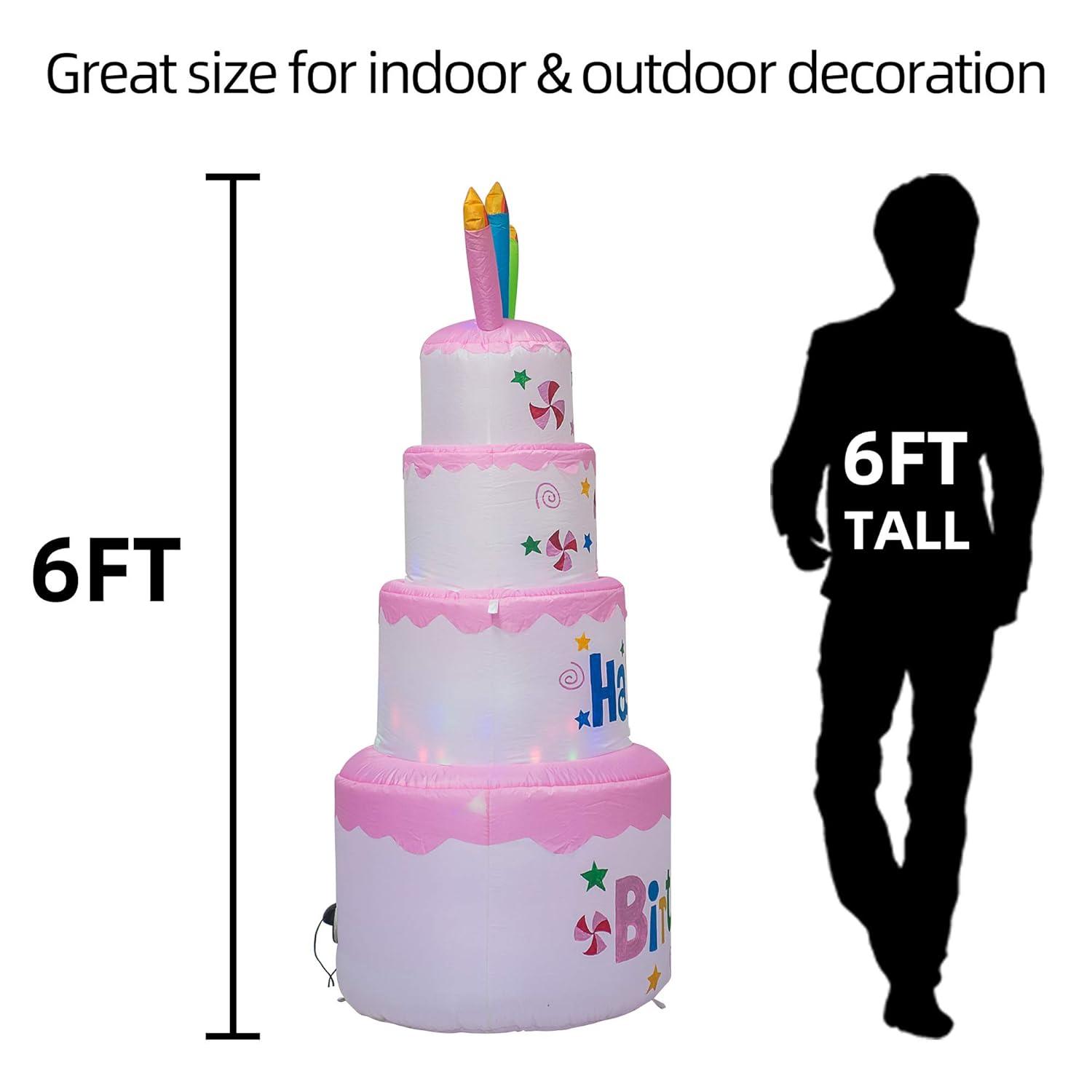 AJY 6 Feet Happy Birthday Inflatable Cake with Candle - Blow Up Indoor/Outdoor Yard Lawn Decoration