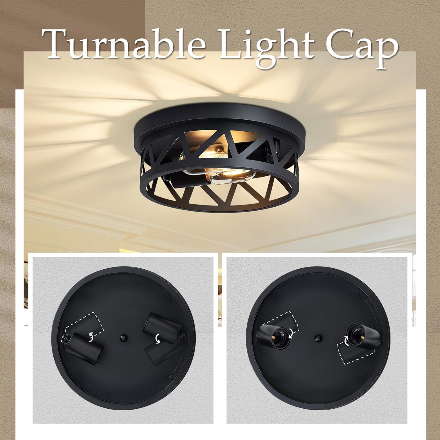 Black Metal Cage Drum Flush Mount Ceiling Light, 2-Pack