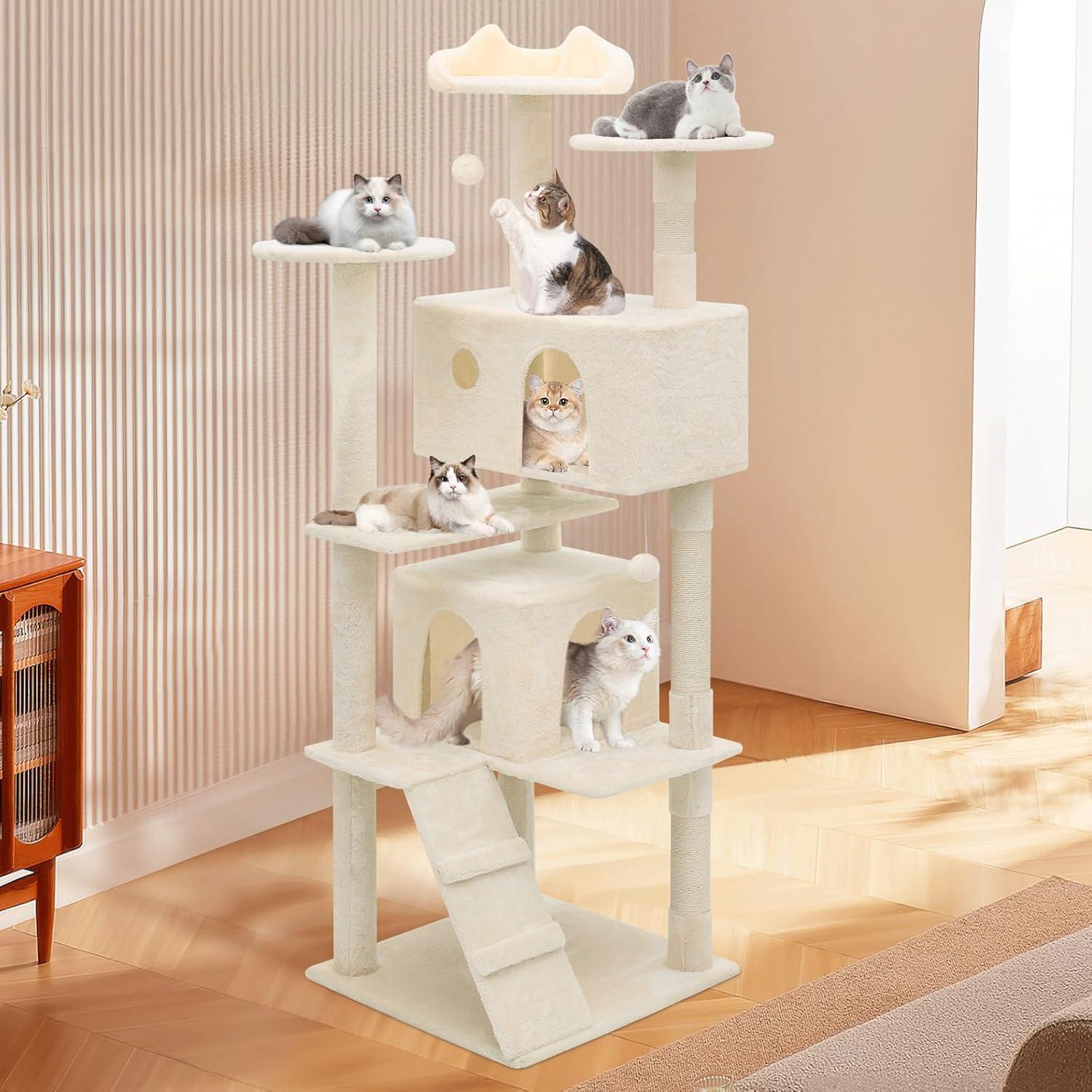 MoNiBloom Cat Tree Houses for Indoors, Multi-Level Cat Tree Tower, 70" Height（Beige）