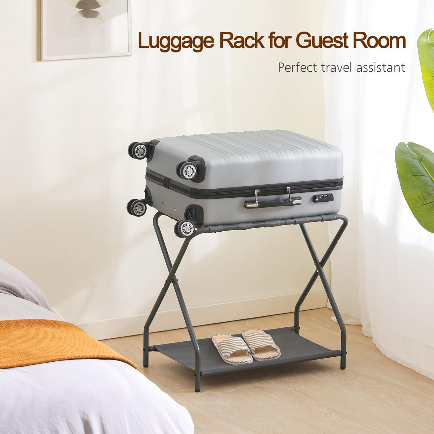 MEBROT Set Of 2, Foldable Suitcase Stands For Guest Room, Metal Luggage Holder With Storage Shelf For Bedroom, Hotel, Easy Assemble