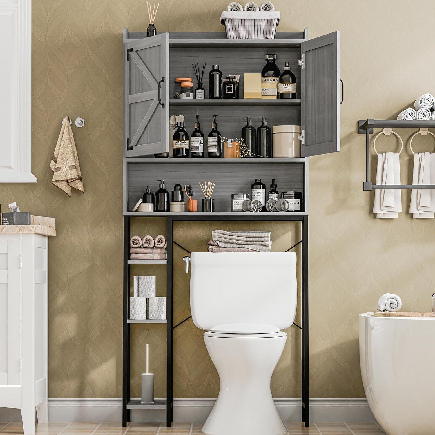 Gray Farmhouse Over-the-Toilet Storage Cabinet with Barn Doors