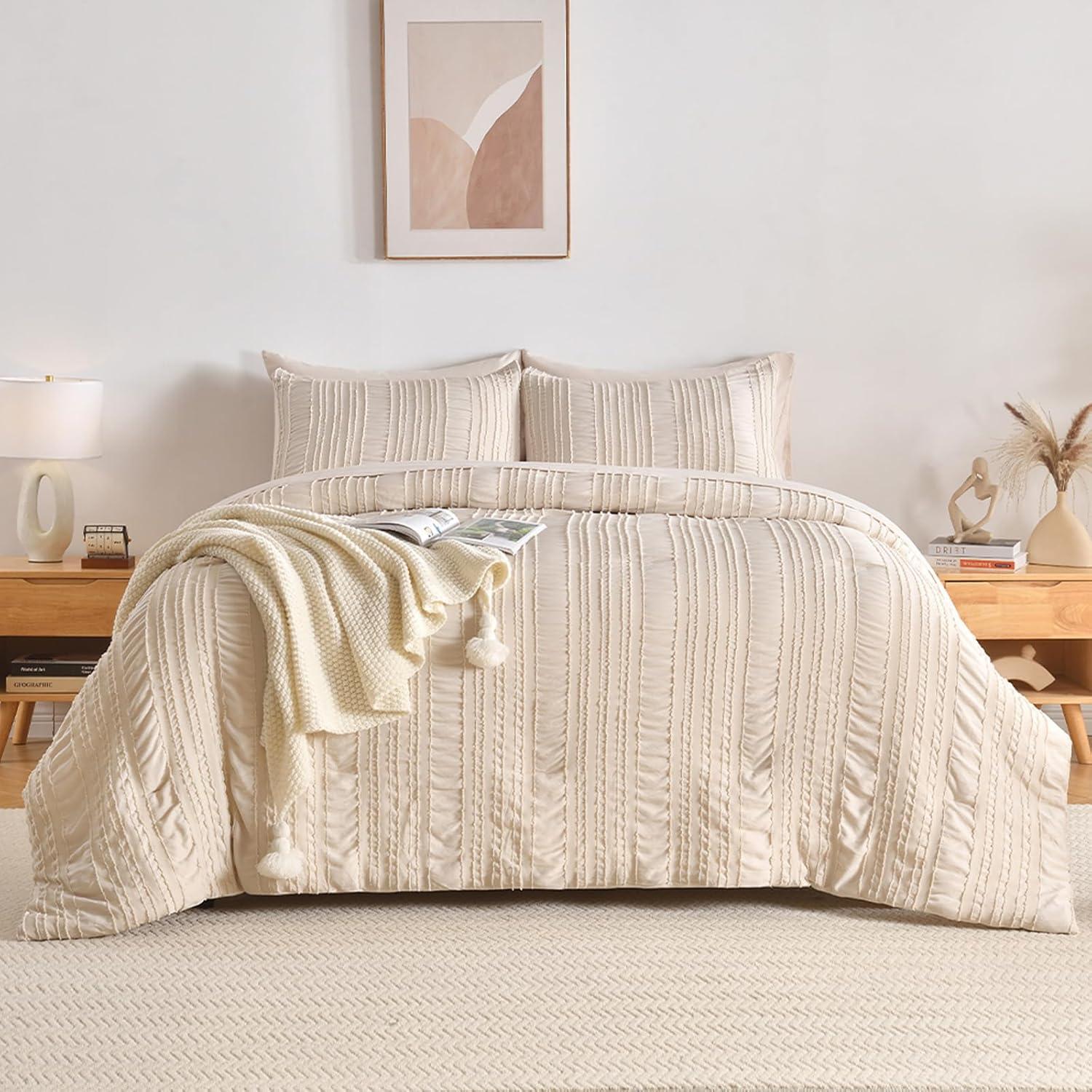 Beige Tufted Comforter Set Queen Size 7 Piece Bed in a Bag，Shabby Chic Boho Bedding for Bedroom Comforter，All Season Soft Microfiber Ruffle Comforter Set with Pillow and Sheets