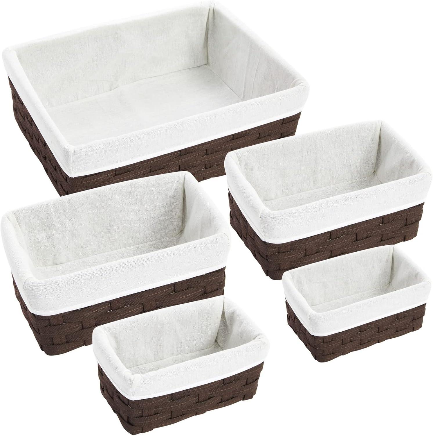 Rustic Brown Wicker Rectangular Storage Basket Set with Beige Liners