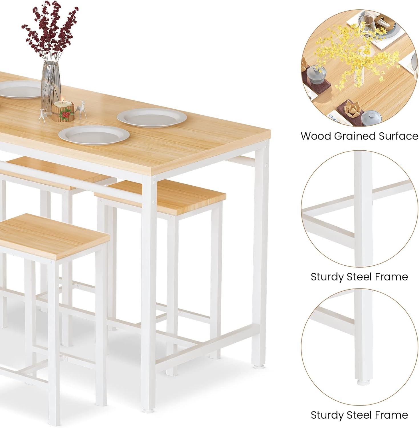 Counter Height Bar Table Set, 5 Piece Dining Table Set, Modern Pub Table with 4 Stools, Home Dining Table and Stools Set, 4-Person Kitchen Breakfast Table Set, Rustic Brown, D8995
