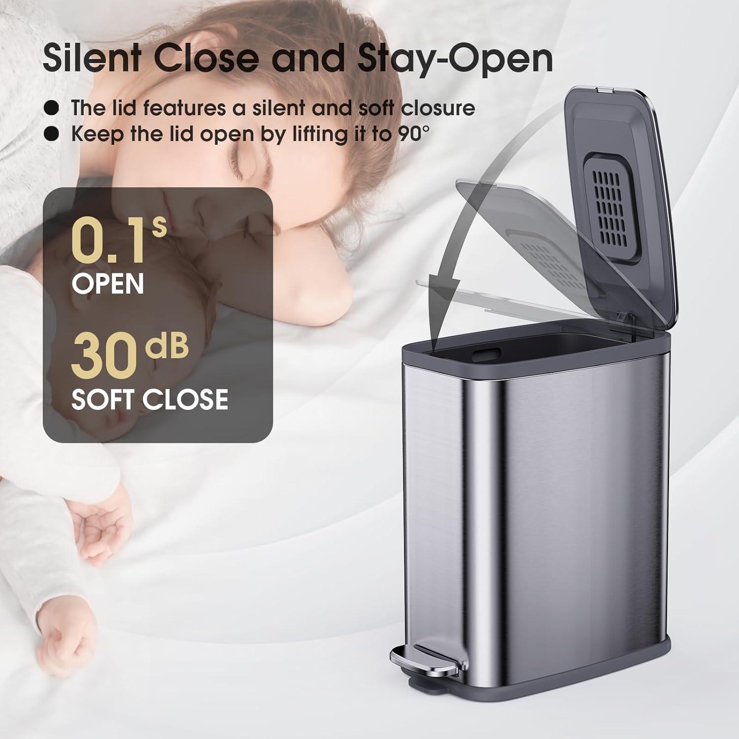 Silver Stainless Steel Soft Close Pedal Trash Can for Kids