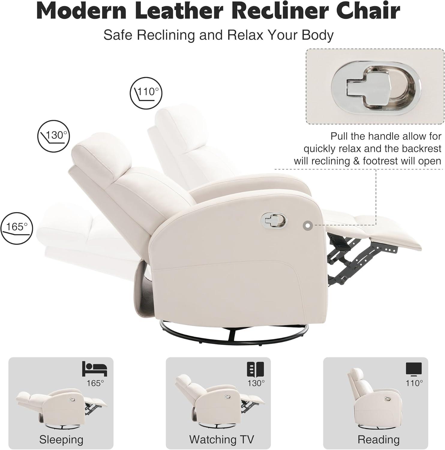 Beige Faux Leather Swivel Recliner with Adjustable Headrest