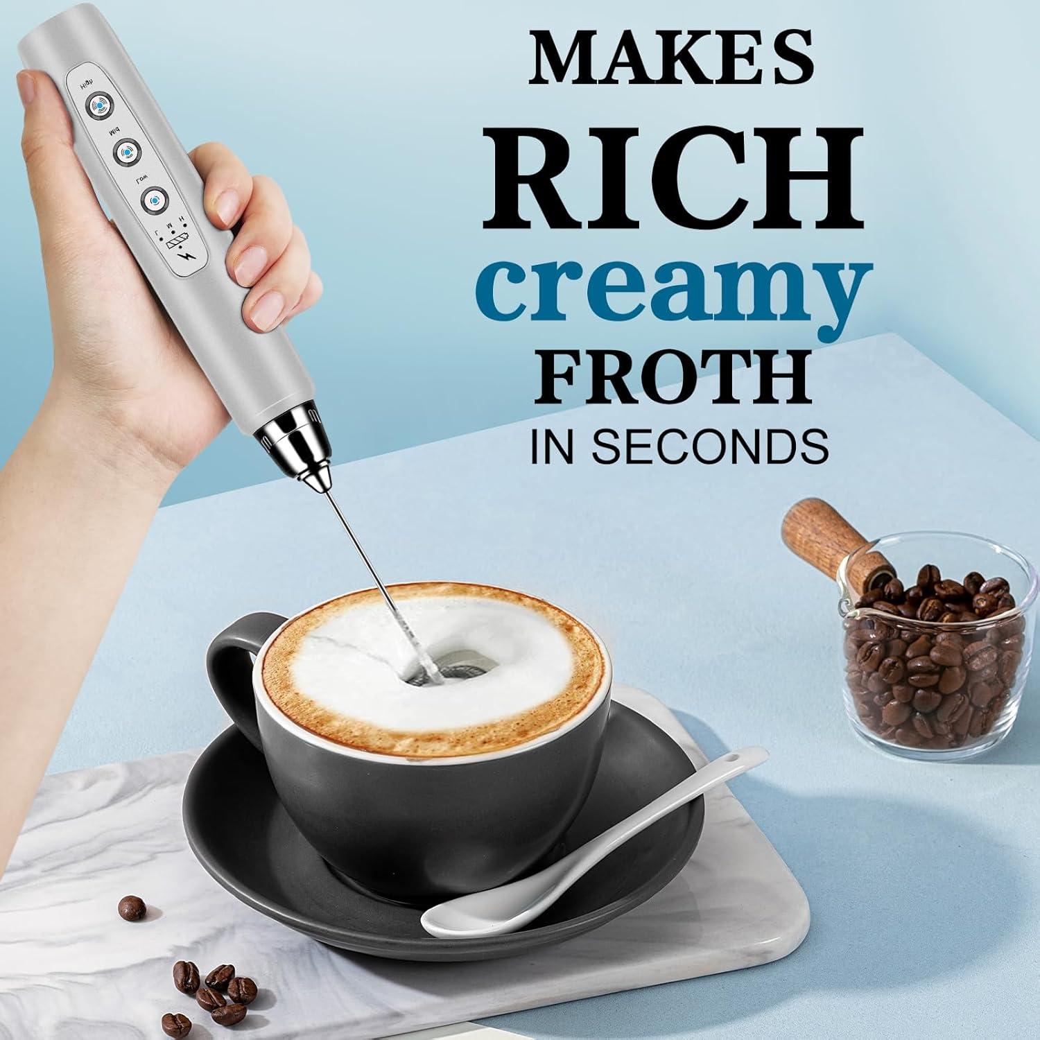 Nahida Silver Milk Frother Wand for Coffee, Frother Handheld Rechargeable Electric Whisk with 3 Heads 3 Speeds Drink Mixer Coffee Frother Foam Maker For Latte, Cappuccino, Hot Chocolate, Egg