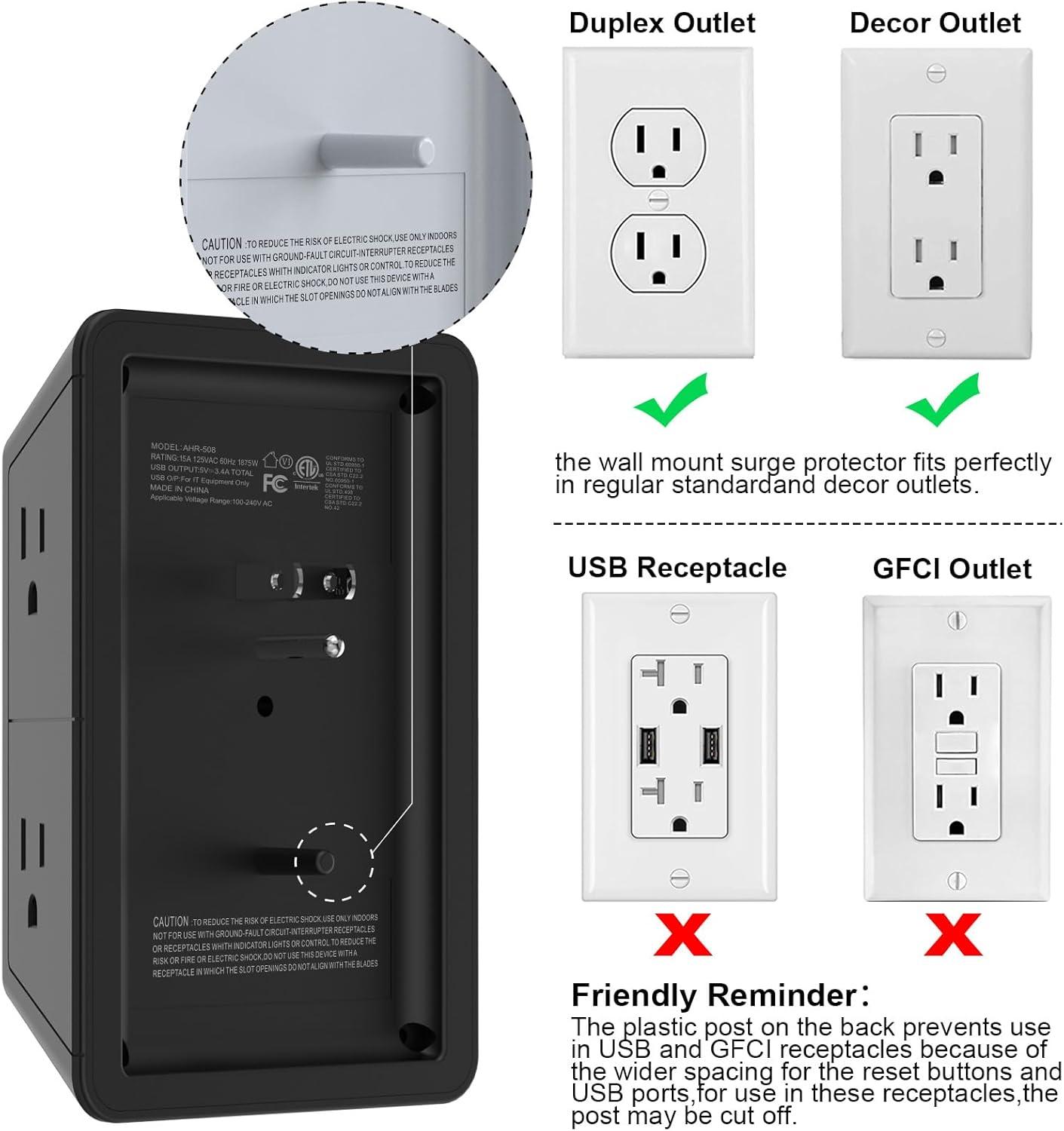 Black 6-Outlet Surge Protector with USB Ports and Night Light