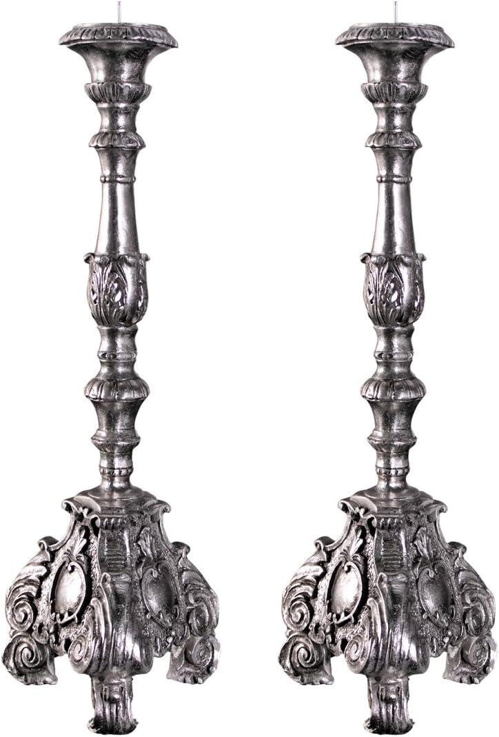 Elegant Baroque Scroll-Footed Silver Leaf Resin Candlesticks, Set of 2