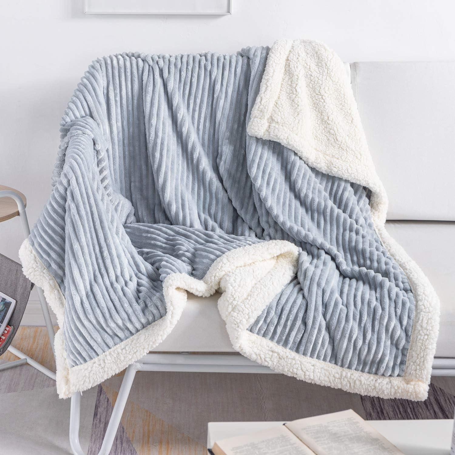 Grey Reversible Sherpa and Fleece Throw Blanket 60x80