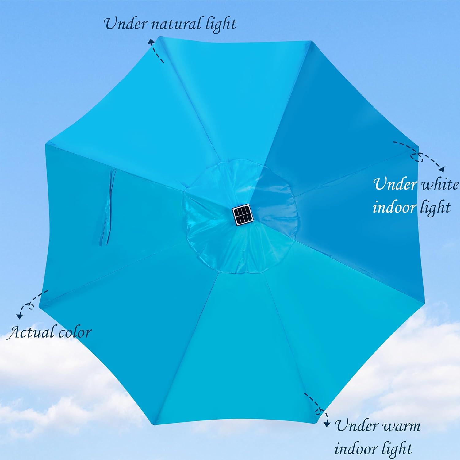 Light Blue 9 ft LED Lighted Market Beach Umbrella with Black Aluminum Pole