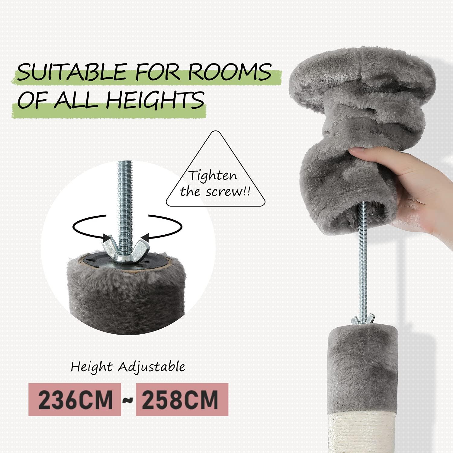 PEQULTI Floor to Ceiling Cat Tree 92.9’’-101.6’’ Height Adjustable Cat Tower Tall Kitty Climbing Play House with Scratching Posts, Cozy Condo, Perches and Large Hammock for Indoor Cats Gray