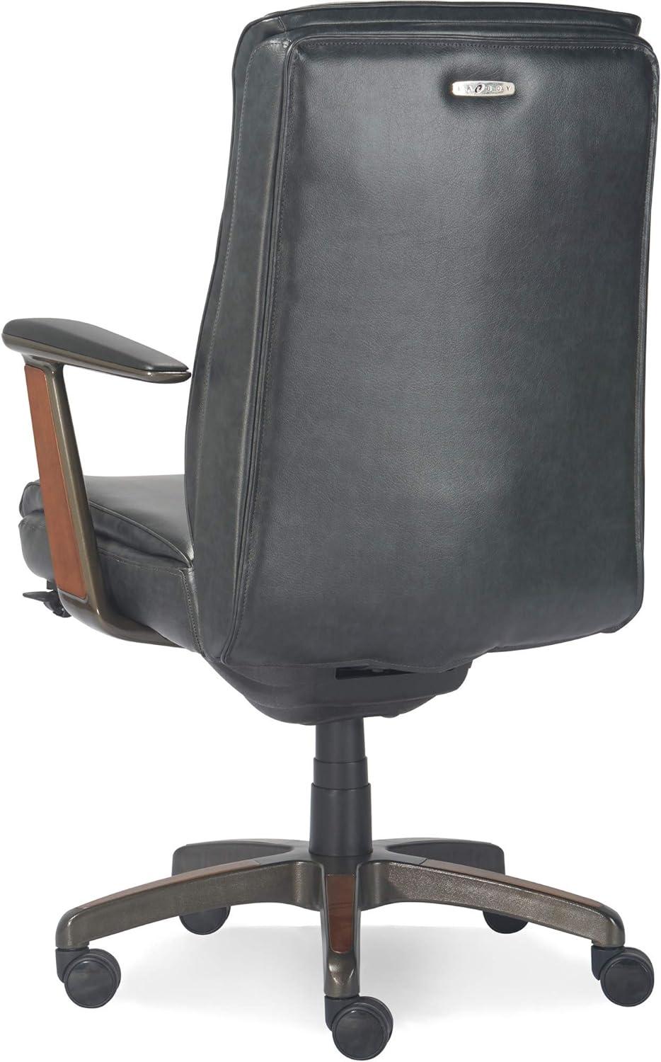 Executive High-Back Black Leather Swivel Office Chair with Wood Accents