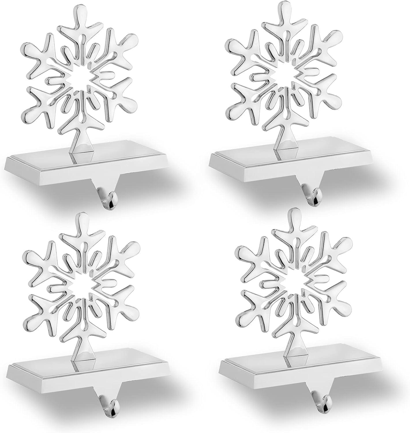 Christmas Stocking Holders for Mantle Sliver Snowflake Stocking Hanger Hooks for Fireplace Christmas Decorations 4 Pieces