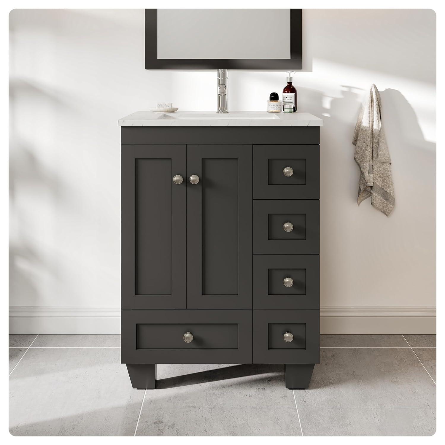 Eviva Acclaim C. 28" Transitional Espresso Bathroom Vanity with White Carrara Quartz Countertop