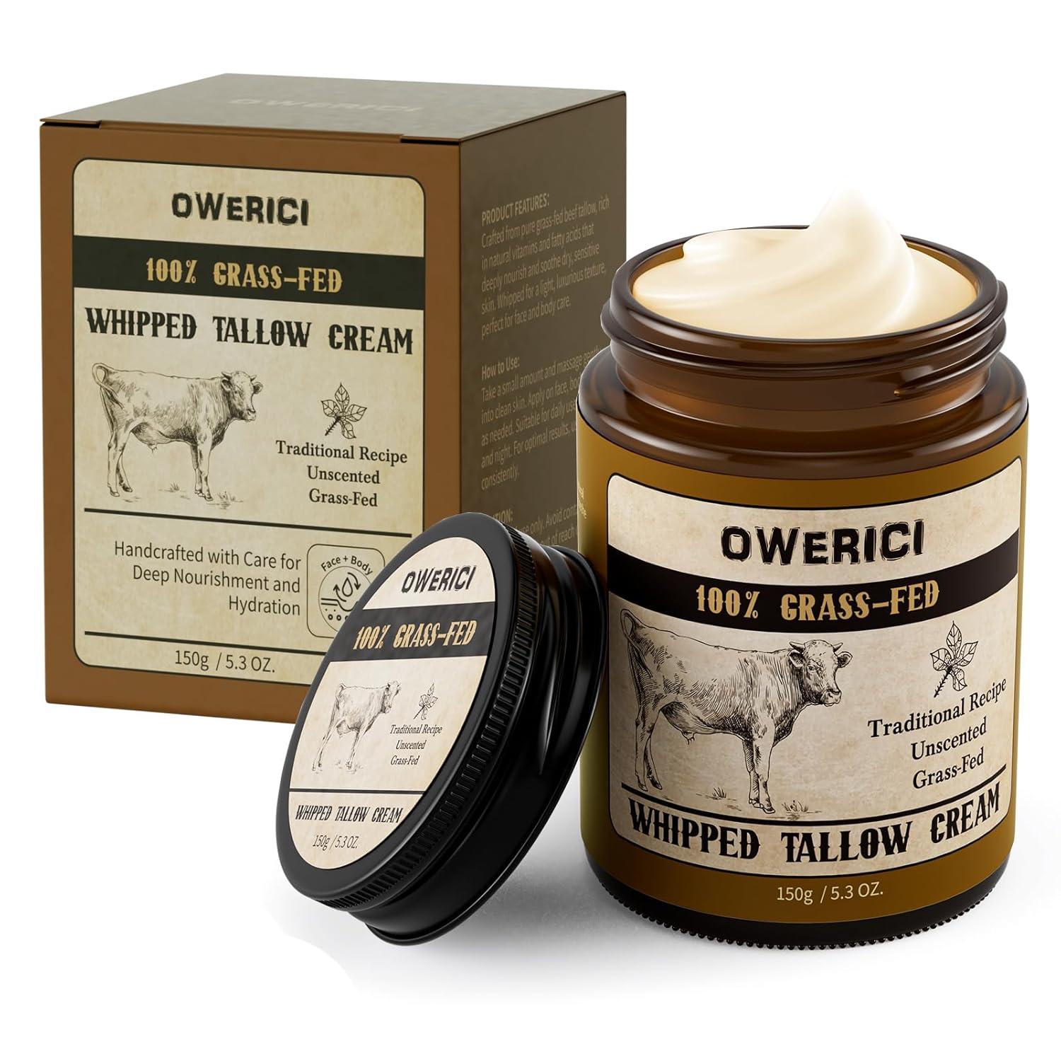 Beef Tallow for Skin, Tallow Face Moisturizer, 100% Grass Fed and Finished, Deeply Moisturizing for Face & Body, Whipped Cream Natural Care for Soft Supple (5.3 OZ., Extra Large)