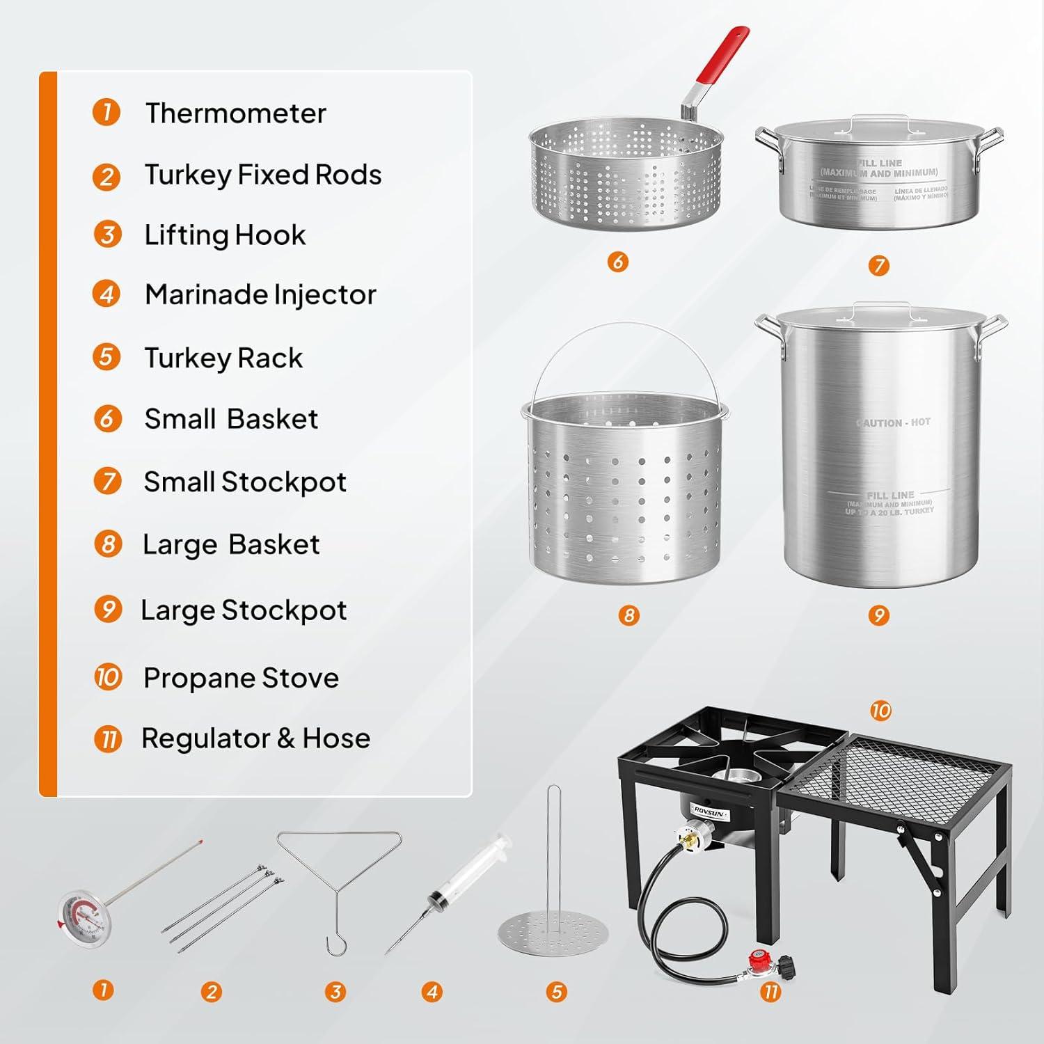 ROVSUN 30QT Turkey Fryer & 10QT Fish Fryer with 55000BTU Propane Burner, Outdoor Deep Fryer & Seafood Crawfish Boiler Steamer Pot with Thermometer, Marinade Injector, Turkey Rack & Rack Lifter