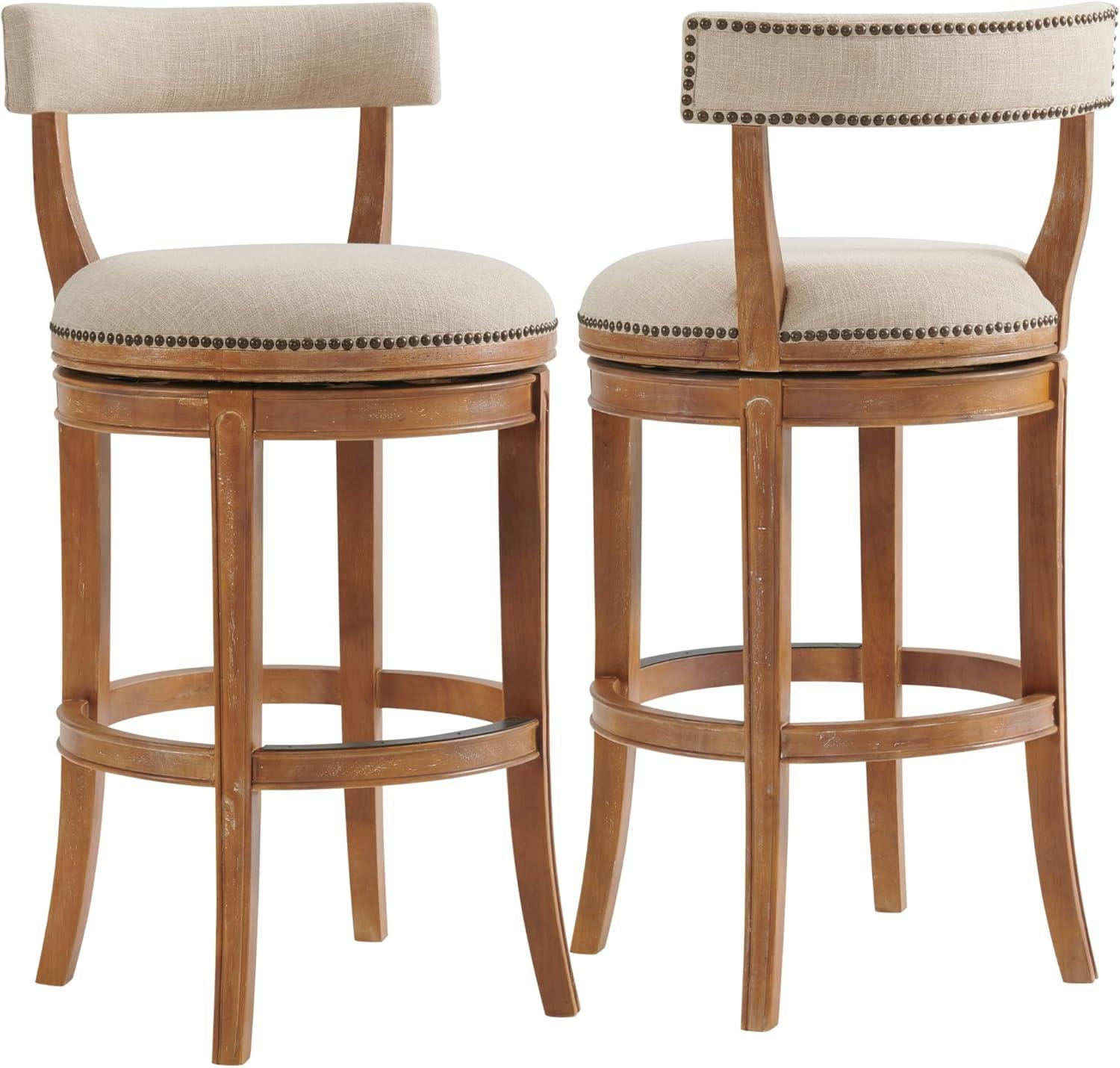 Alaterre Hanover Swivel Bar Height Stool, Weathered Brown and Beige, Solid Rubberwood Frame with Faux Linen Upholstered Seat, Nailhead Trim, Memory Return Swivel, 20 in. W x 22 in. D x 41 in. H