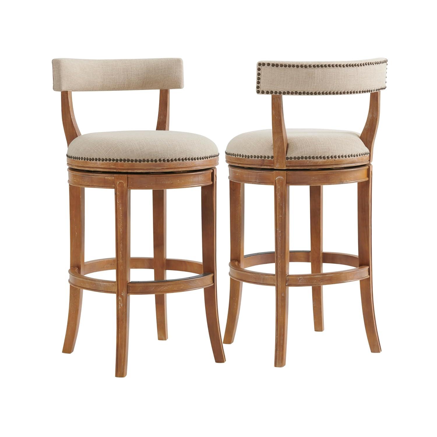 Alaterre Hanover Swivel Bar Height Stool, Weathered Brown and Beige, Solid Rubberwood Frame with Faux Linen Upholstered Seat, Nailhead Trim, Memory Return Swivel, 20 in. W x 22 in. D x 41 in. H