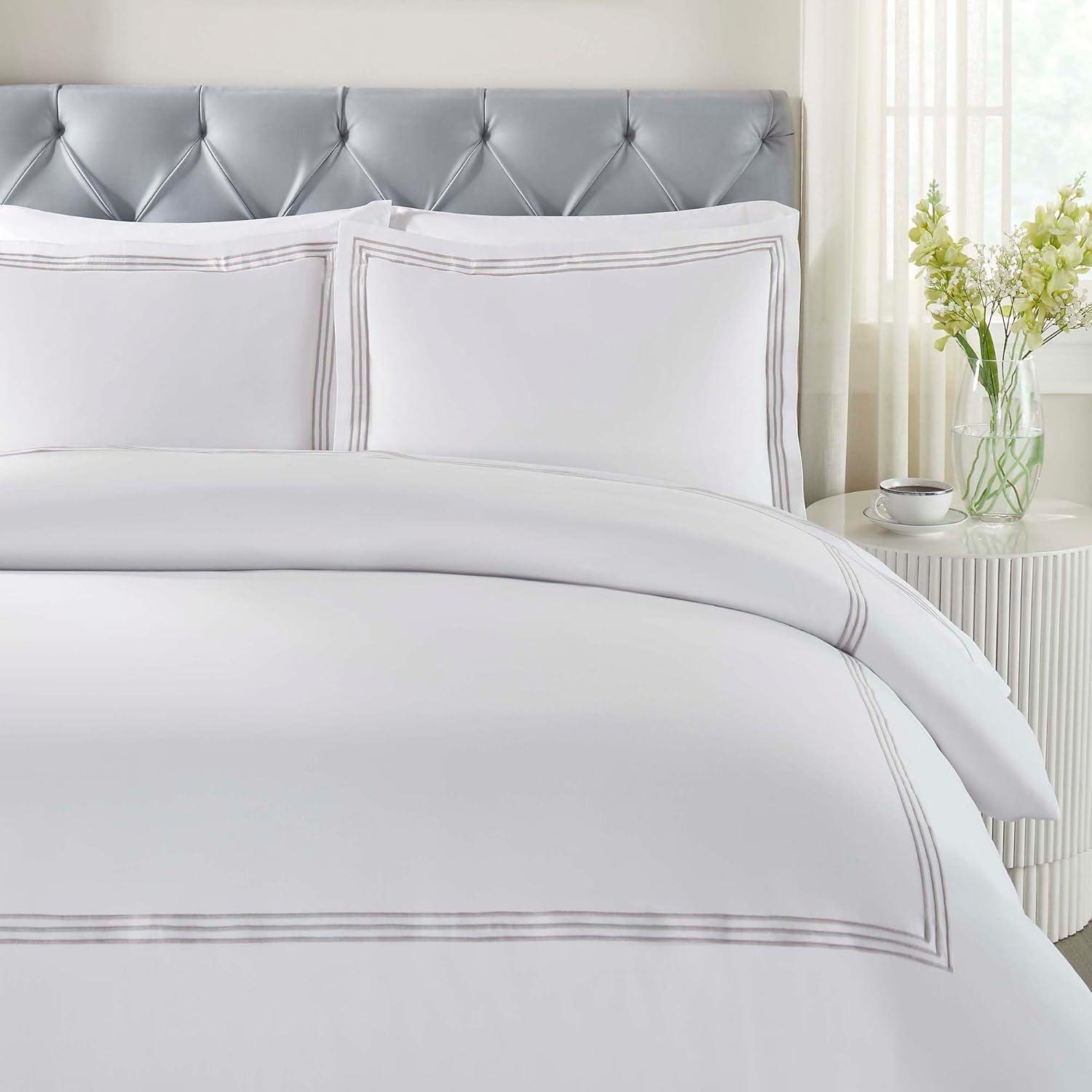 Superior Brandon Embroidered Cotton Duvet Cover Set, Full/Queen, White/Silver