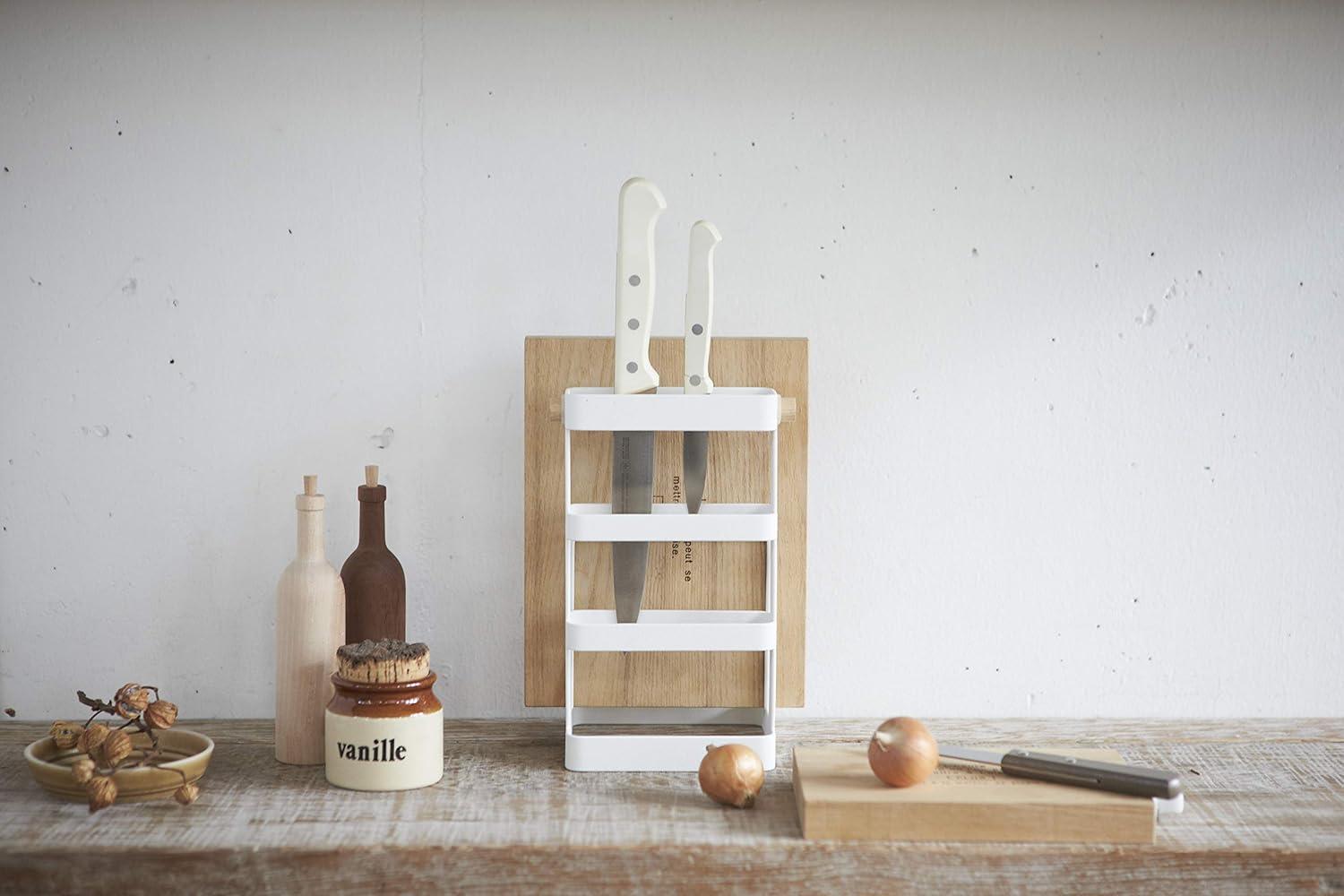 White Steel and Wood Countertop Knife and Cutting Board Organizer