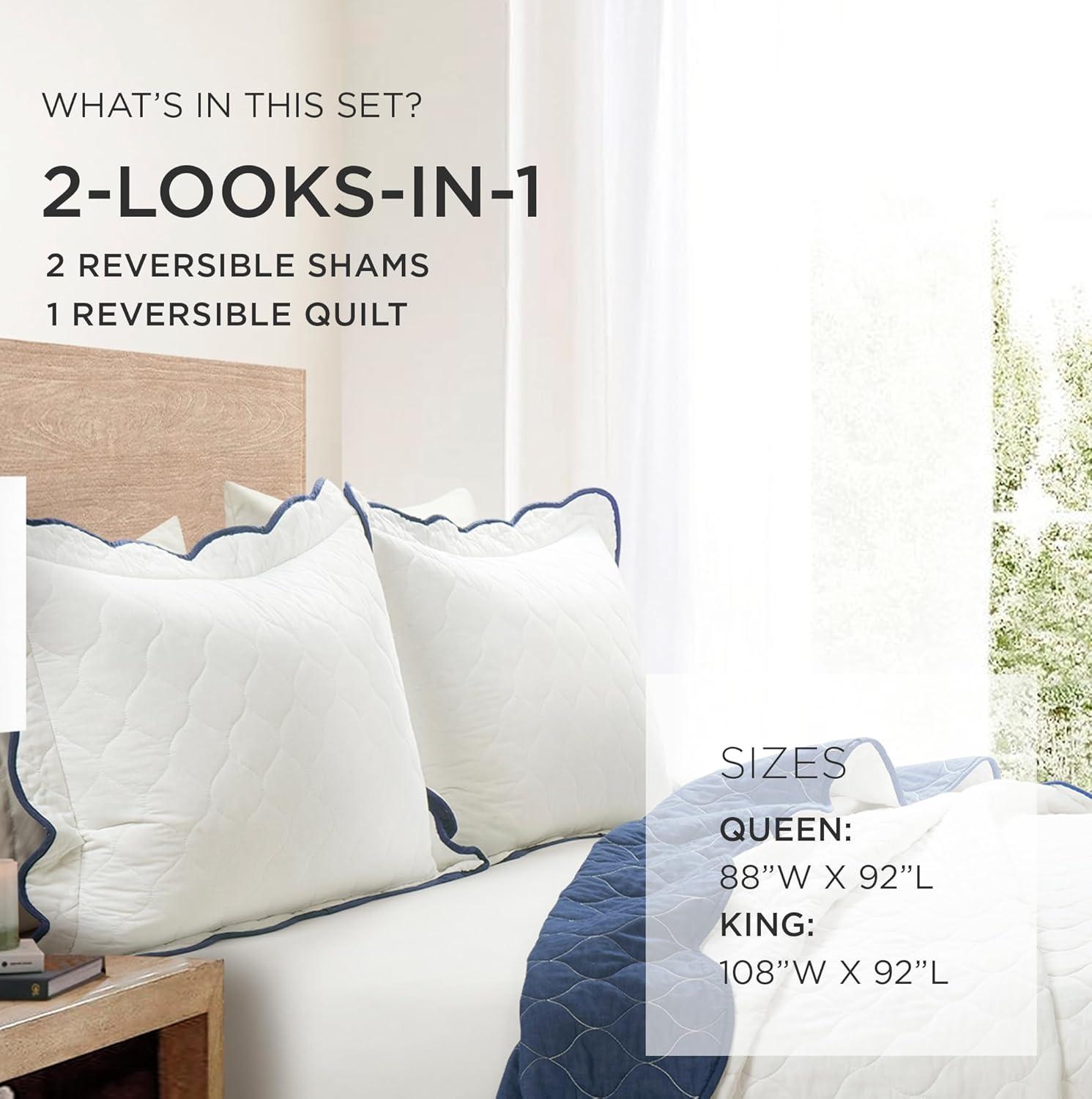 3pc King California King Coastal Chic Scallop Edge Reversible Quilt Set Navy Blue/White - Lush Décor: Lightweight Bedding Quilts