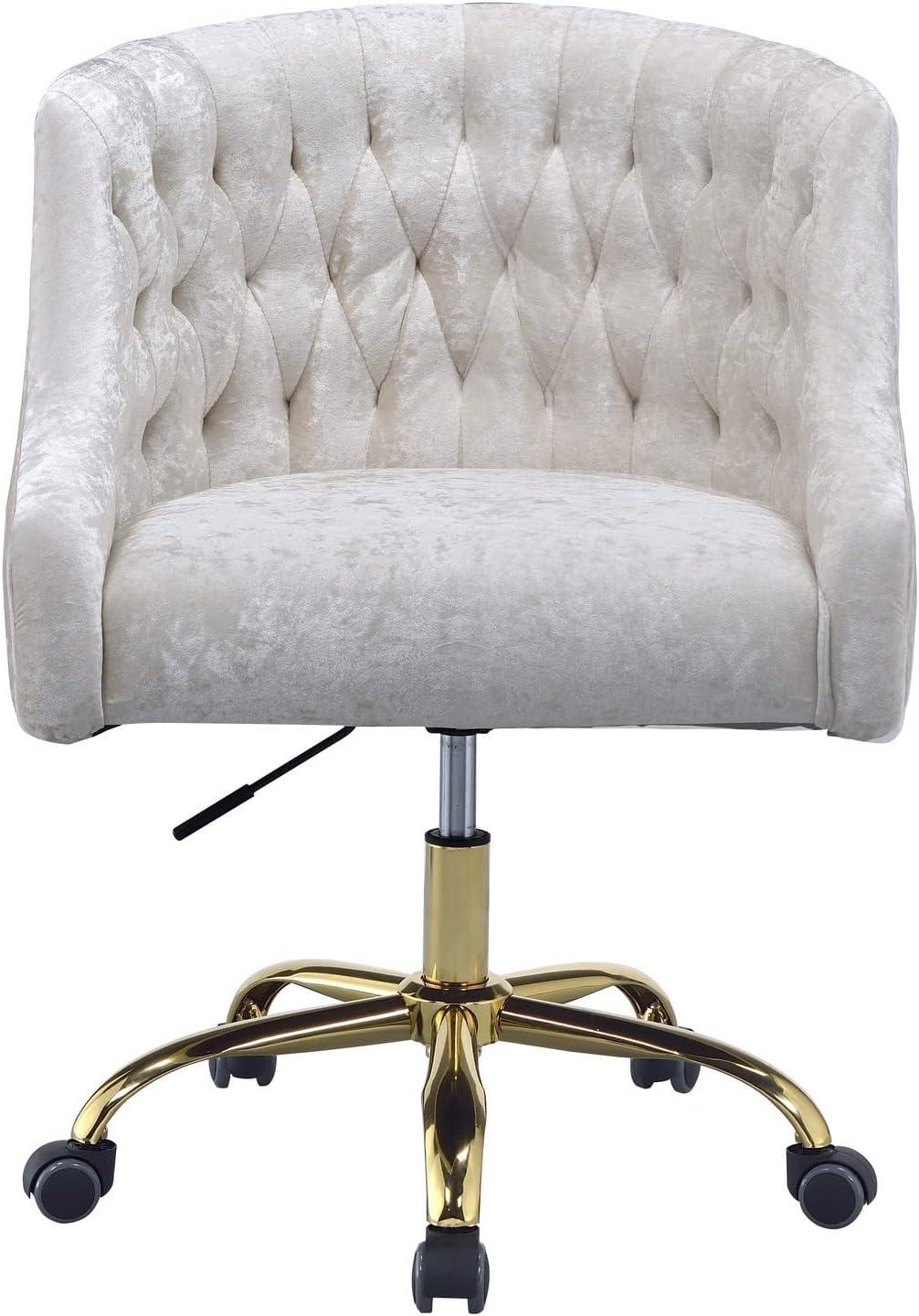 Benzara Swivel Velvet Upholstered Office Chair with Adjustable Height and Metal Base, Cream and Gold