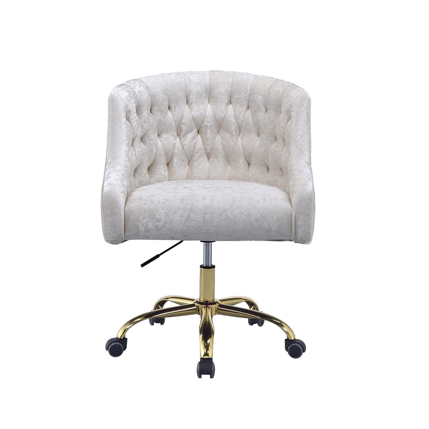Benzara Swivel Velvet Upholstered Office Chair with Adjustable Height and Metal Base, Cream and Gold
