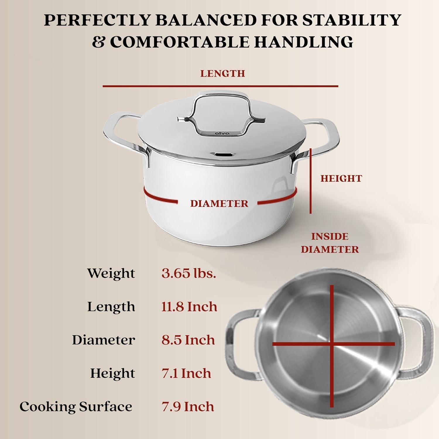 Alva Maestro Stainless Steel Casserole Dish Pot with Lid Non Toxic Soup & Stock Pot PFAS, PFOA & PFTE Free, Kitchen Pot, Pasta Pot, Canning Pot, Induction Safe, Add to Your Pots and Pans Set
