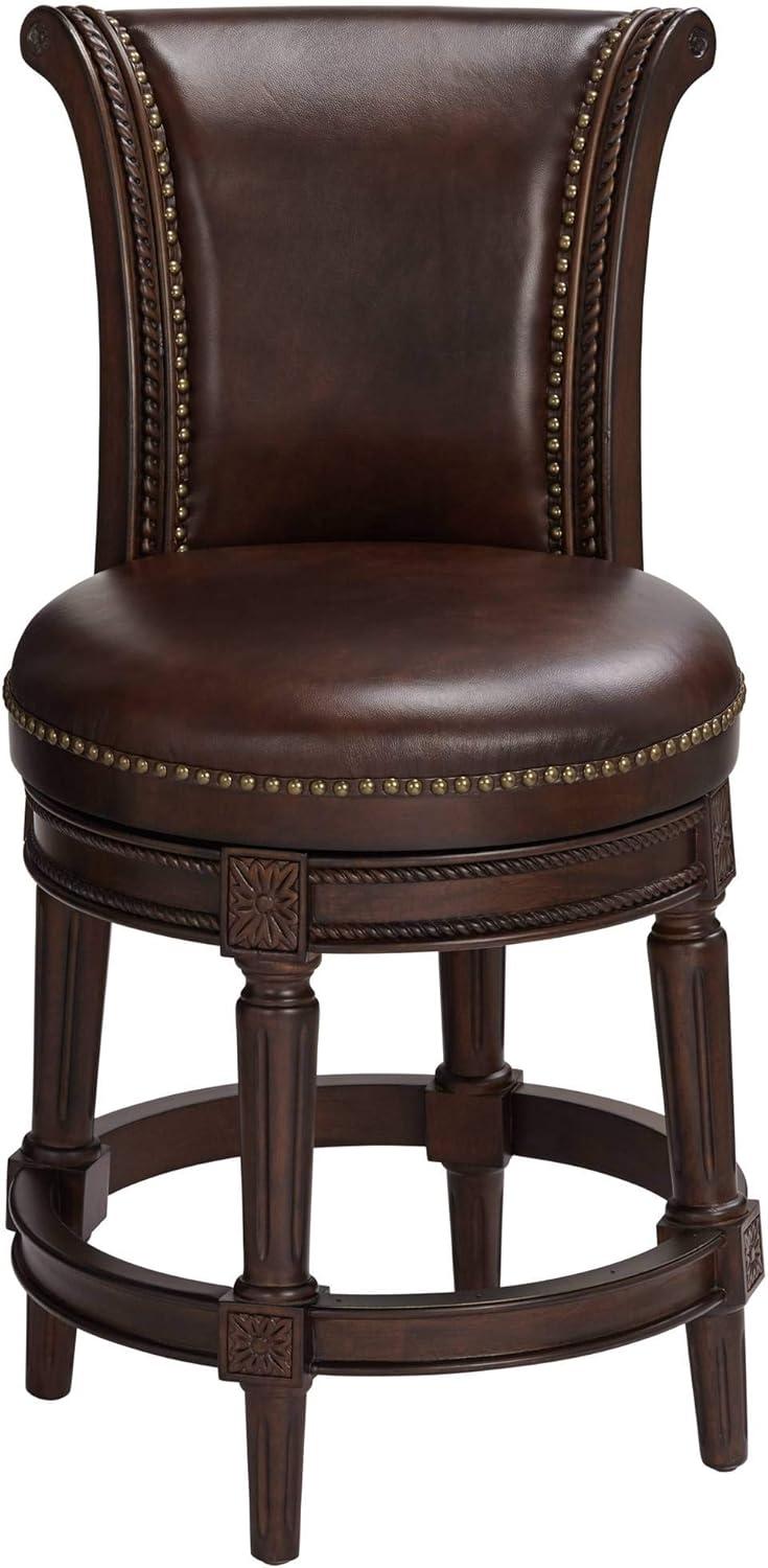 55 Downing Street Addison Walnut Swivel Bar Stool Brown 26" High Traditional Mocha Leather Cushion with Backrest Footrest for Kitchen Counter Height