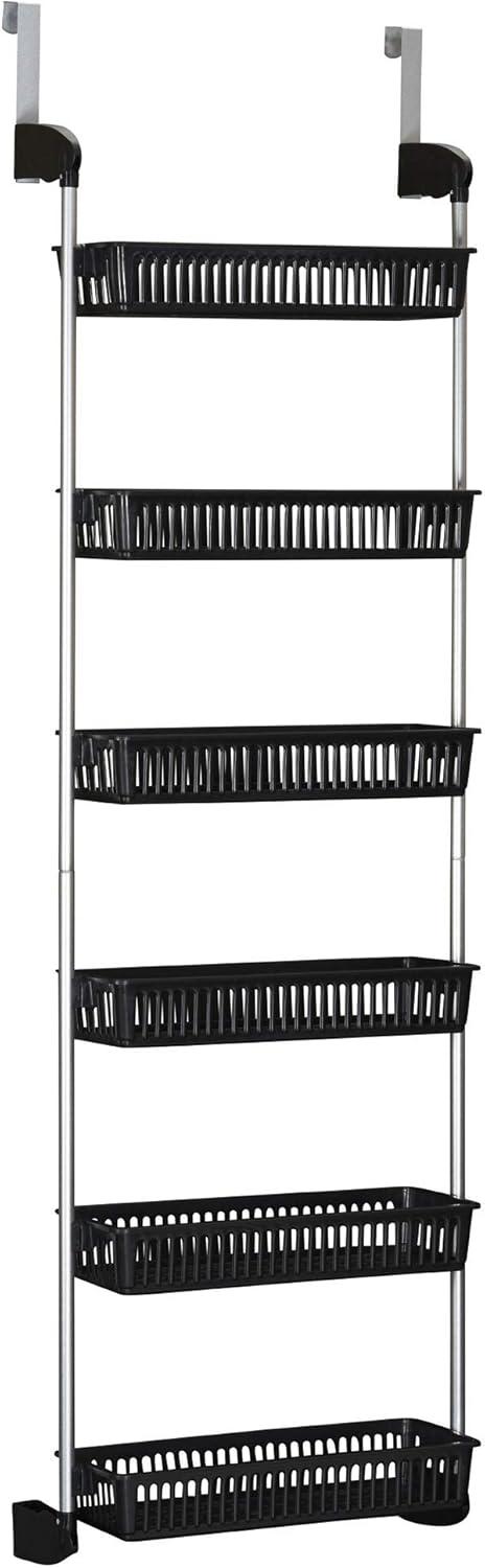 Household Essentials Over the Door Storage Rack, 6 Basket Door Organizer, Great for Use in Pantry as Spice Rack, Black