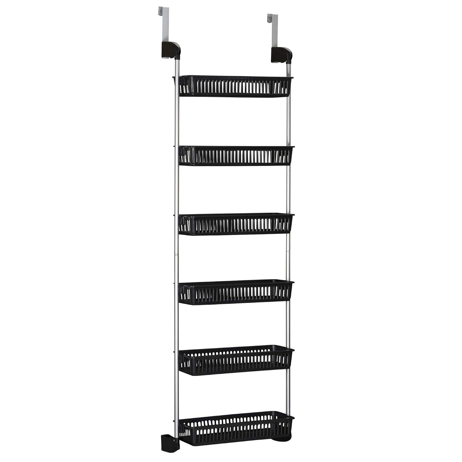 Household Essentials Over the Door Storage Rack, 6 Basket Door Organizer, Great for Use in Pantry as Spice Rack, Black