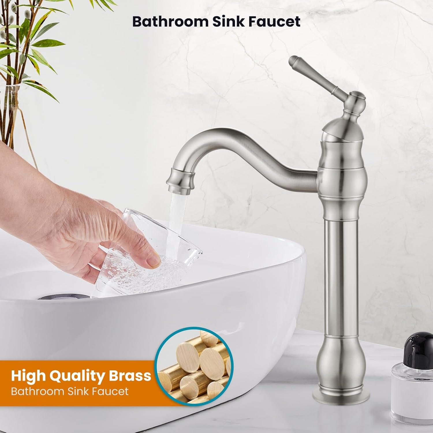 Brushed Nickel Tall Wall Mount Bathroom Faucet with Lever Handle