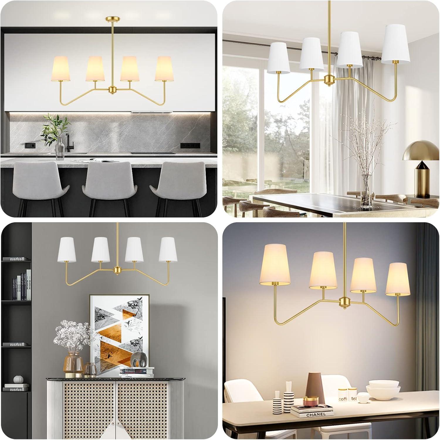 Gold Metal 4-Light Linear Chandelier with White Fabric Shades