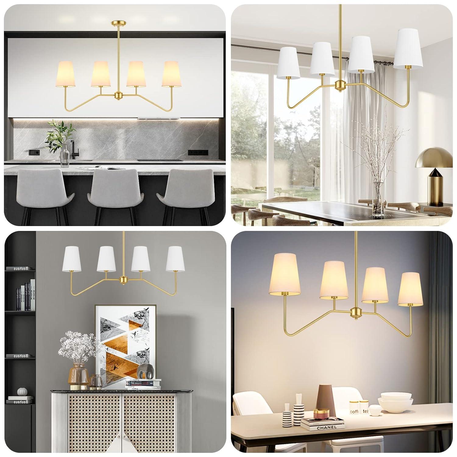 Brightever 4-Light Gold Linear Chandelier, Kicthen Island Light Fixture for Dining Room Over Table, Modern Pendant Lighting with White Fabric Shades for Pool Table, E12 Base (Bulb not Included)