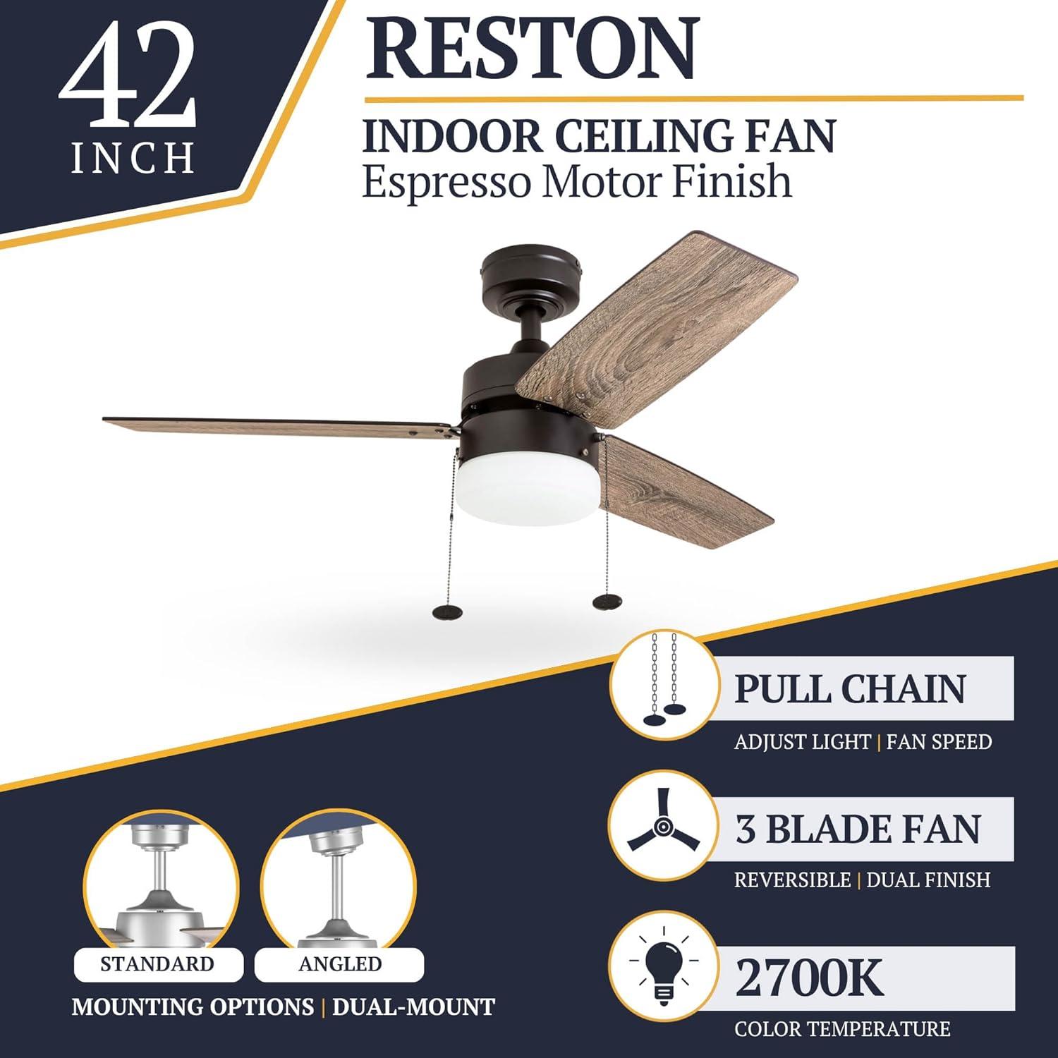 Prominence Home Reston 42" Bronze Modern Small Room Ceiling Fan with 3 Blades, LED Light Kit, Pull Chains & Reverse Airflow