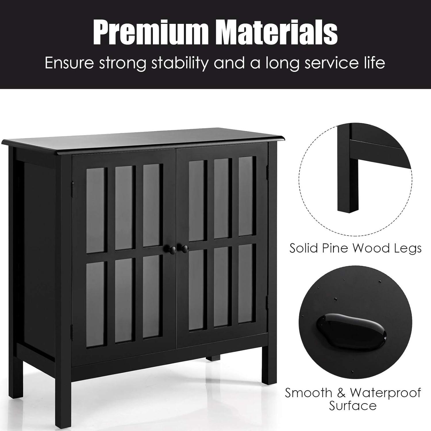 Tangkula Sideboard Buffet Storage Cabinet, with 2 Glass Doors, Liquor Curio Cabinet for Home Kitchen Dining Room, Cupboard Console Table (Black)