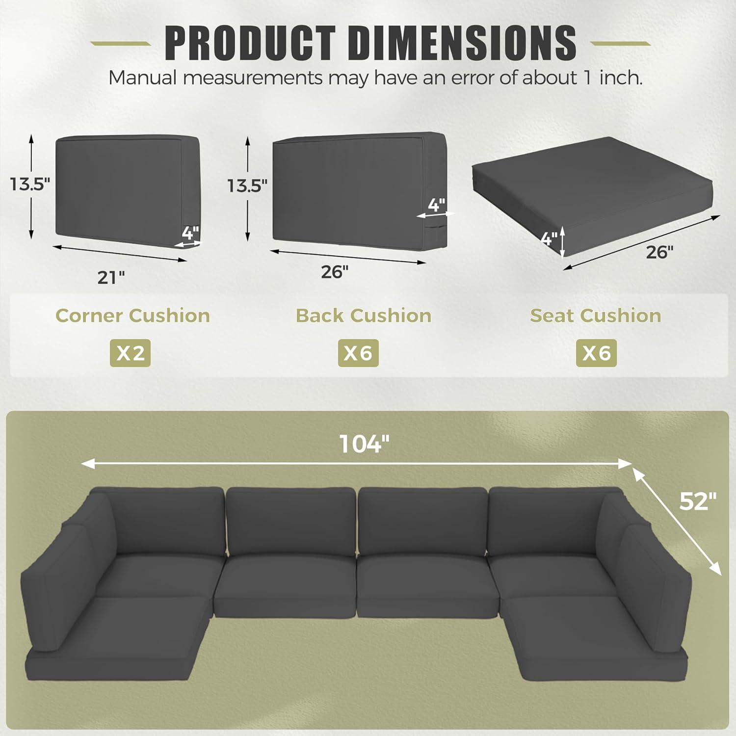 SOLAURA 14Pcs Outdoor Furniture Replacement Cushions, Fits 6-seat Sectional Rattan Conversation Set, Patio Water-Resistant Replacement Sofa Cushions, Grey