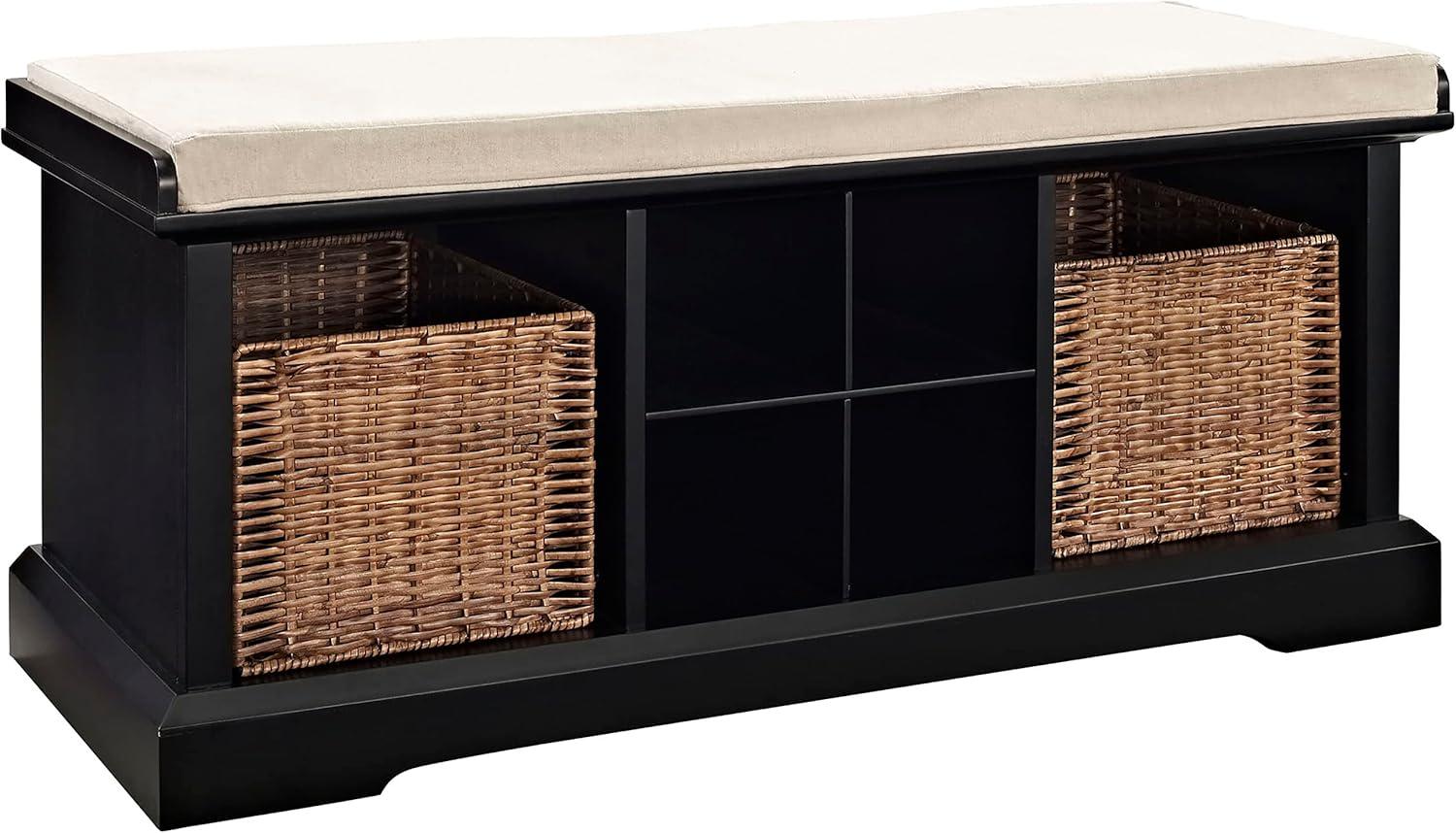 Elegant Brennan Black Entryway Bench with Wicker Storage Baskets