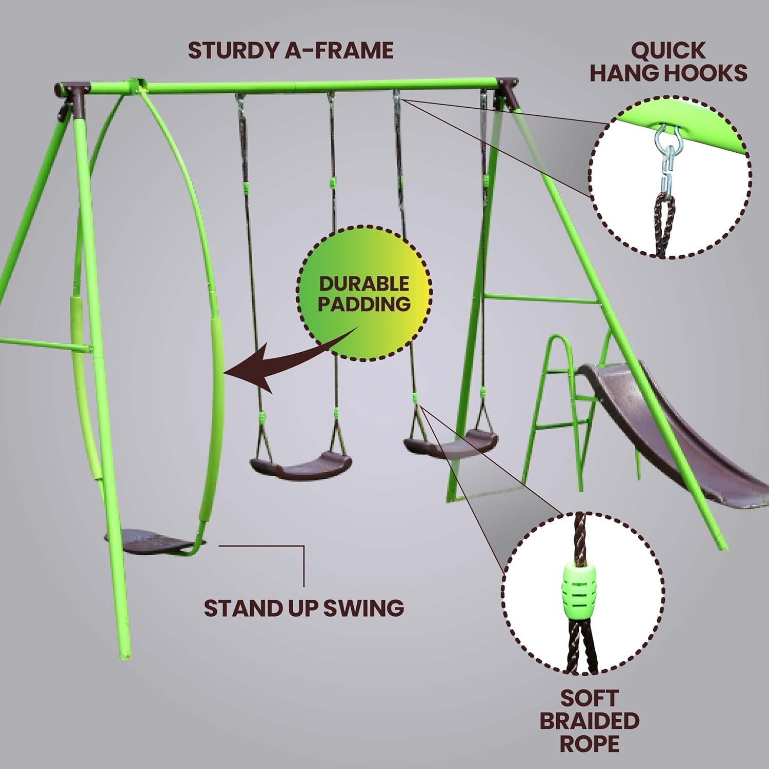 Green Steel A-Frame Swing Set with Slide and Swings