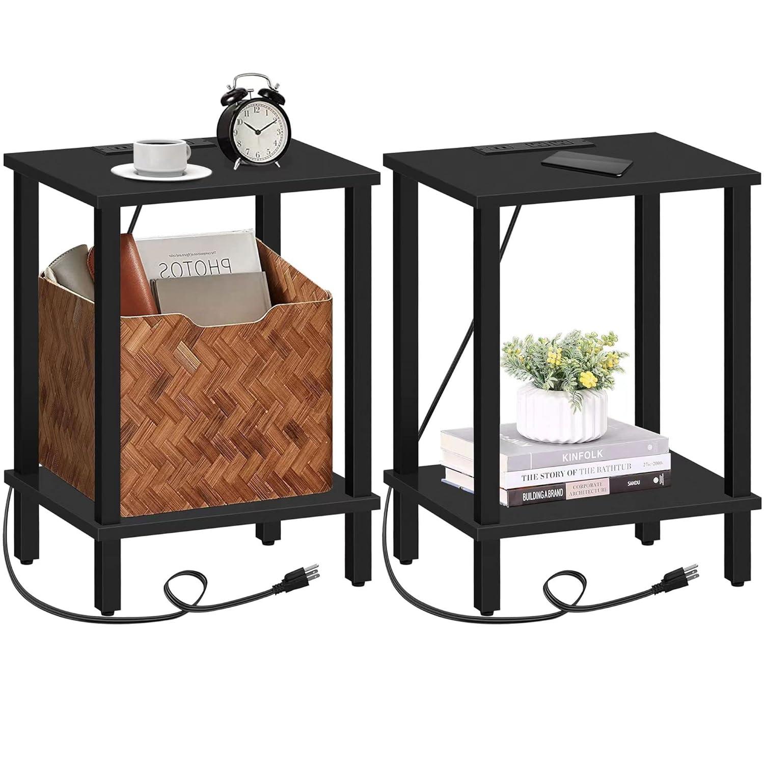 End Table With Charging Station, Side Table With USB Ports And Outlets, Nightstand, 2-Tier Storage Shelf, Sofa Table For Small Space, 1 Package(2PCS)