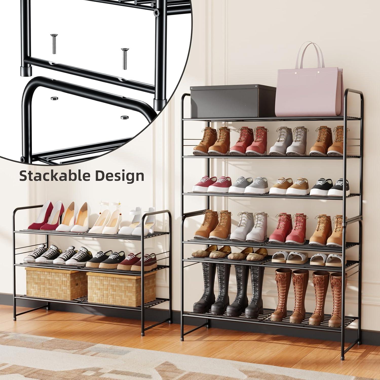 YASONIC Shoe Rack Storage Organizer, 3-Tier Black Shoe Shelf, 24 Pairs, Iron Poles & Plastic Connectors