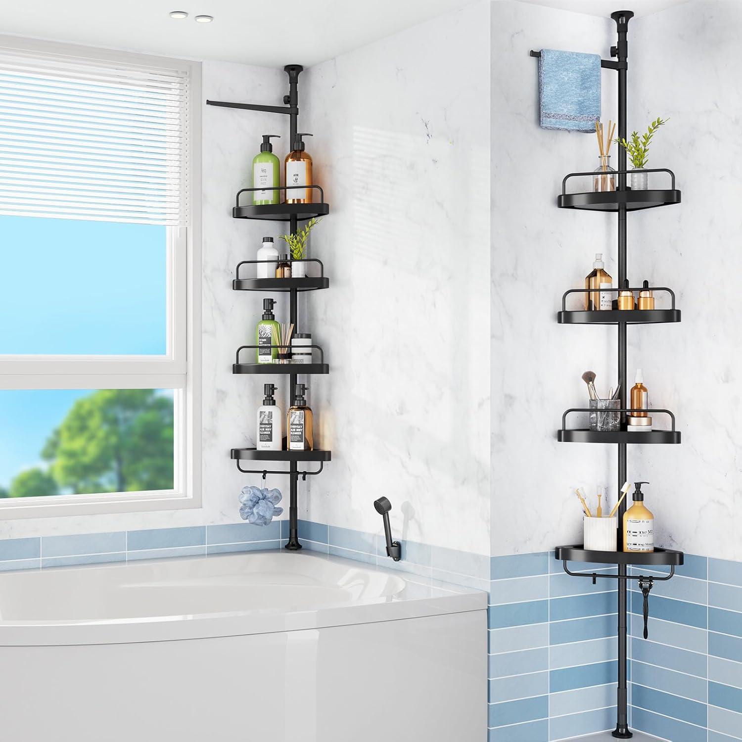 Corner Shower Caddy Tension Pole: Rust Proof 4Tier Shampoo Storage Organizer for Inside Shower - Telescoping Rod Shower Rack for Bathroom and Bathtub - Restroom Floor Standing Bath Rack Holder Black