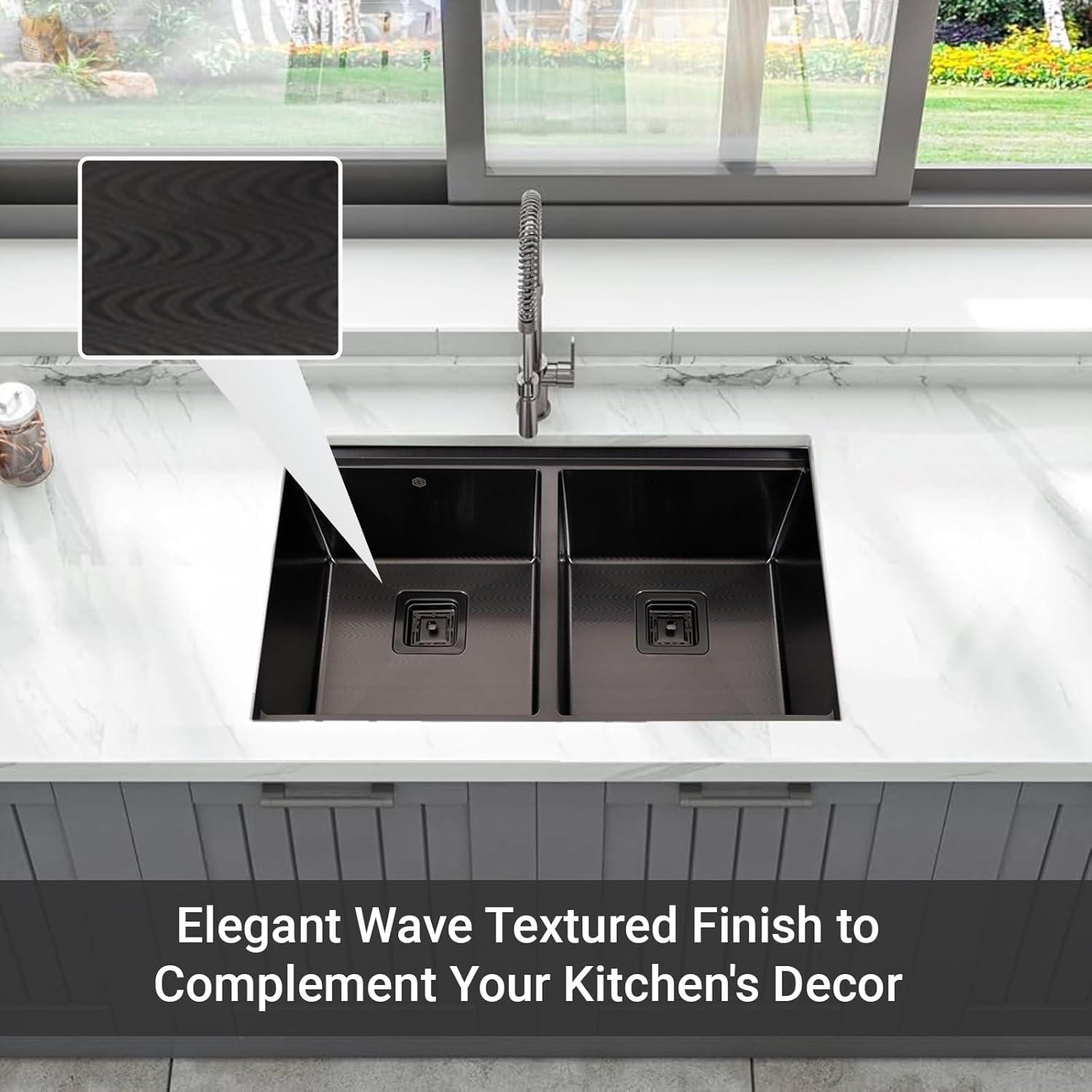 32" Black Stainless Steel Double Bowl Workstation Sink with Accessories