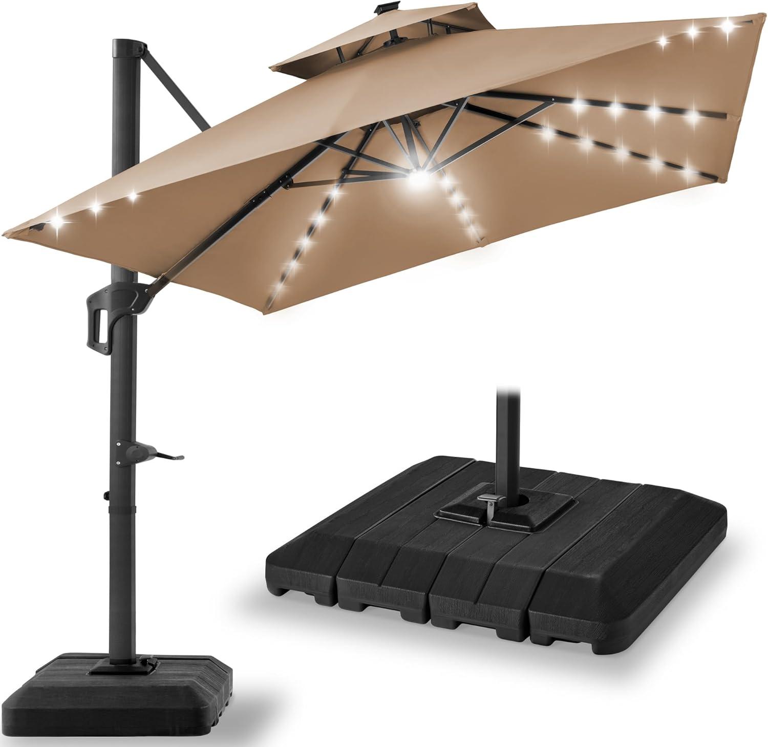 Arlmont & Co. Ronessa 10x10ft 2-Tier Square Outdoor Solar LED Cantilever Patio Umbrella w/ Base Included