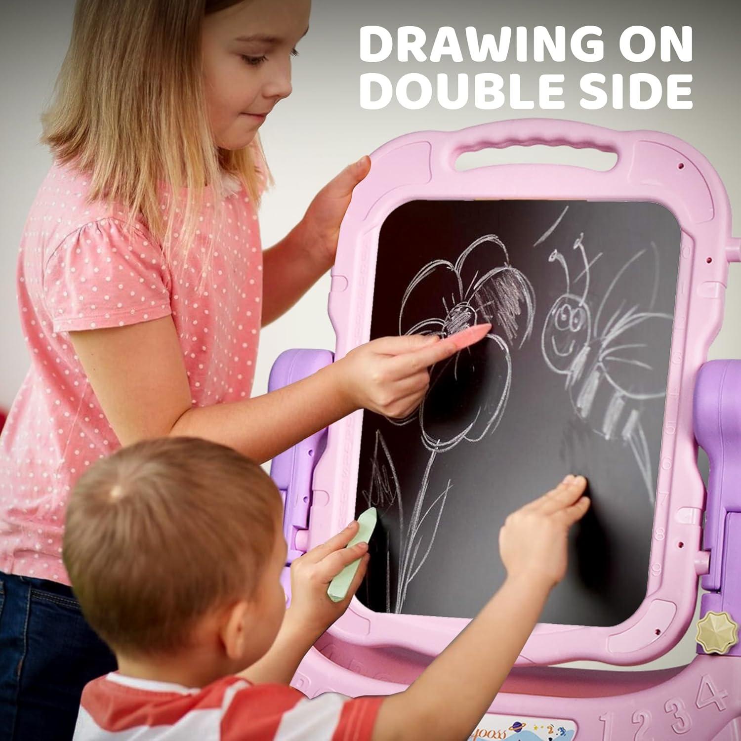 Easel for Kids, Adjustable Standing Art Easel for Toddler, Double Magnetic Drawing Board with Painting Accessories, Birthday Christmas Gift for Little Boys and Girls,  Pink